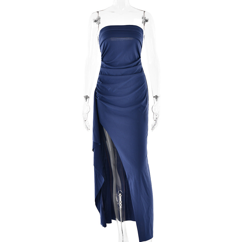 Women's Strapless Pleated Bridesmaid Dress – Long Split Evening Gown for Weddings & Galas